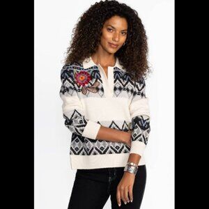 NWT Johnny Was The Fairisle Polo Sweater Wool/Cashmere Ecru Large
